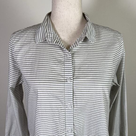 Garnet Hill Button Up Shirt Women's 8 Organic Cotton Striped White/Grey Collared - Picture 2 of 15